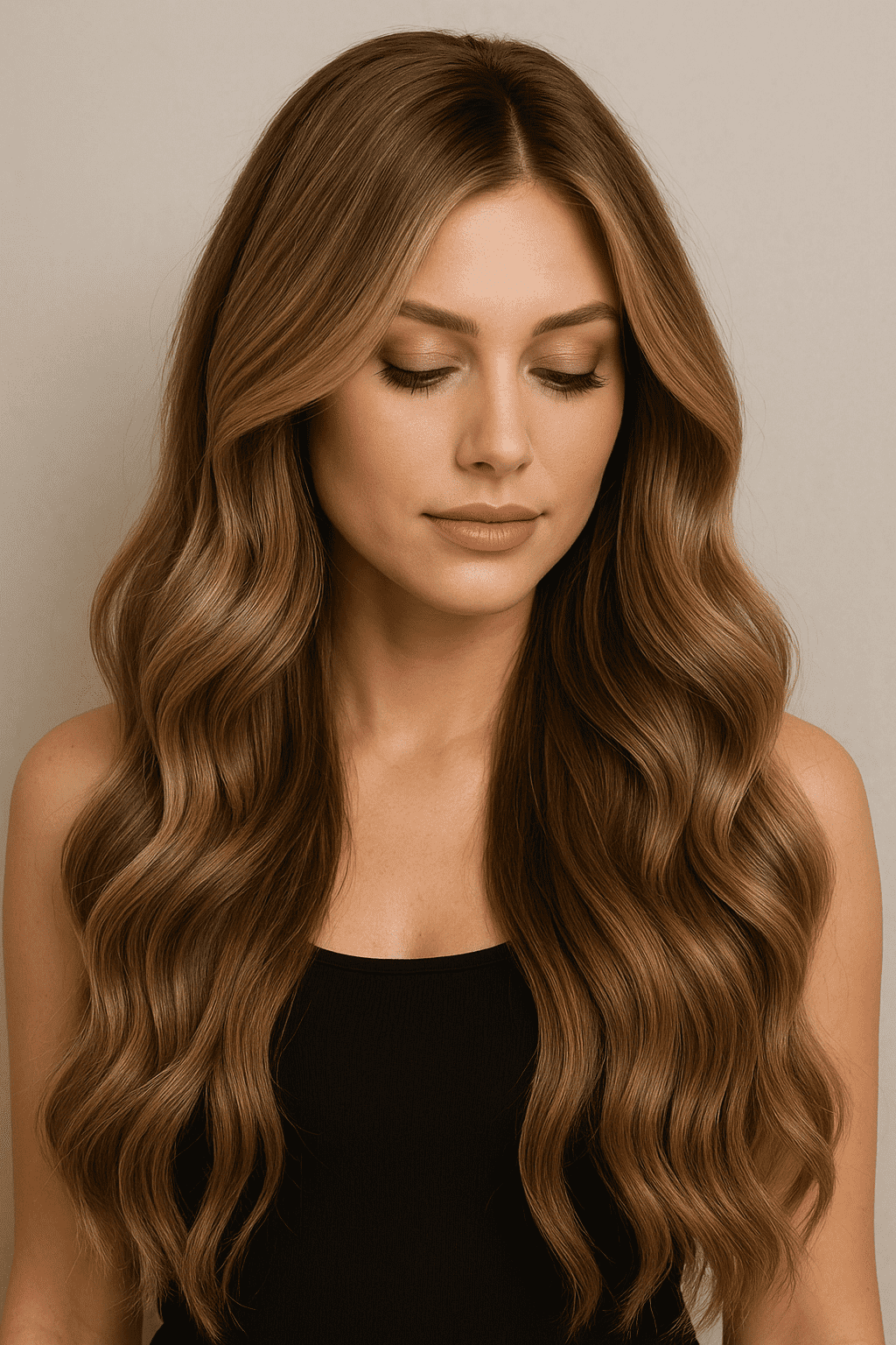 Woman with long wavy brown hair in black top, eyes closed, neutral background.