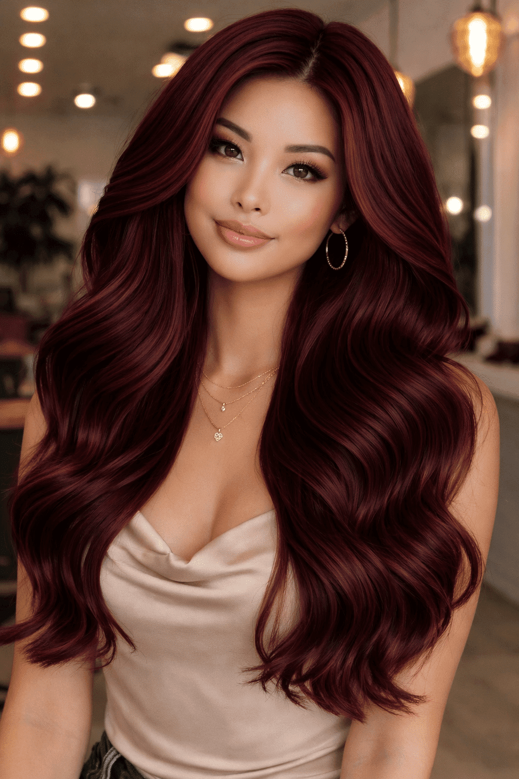 Woman with long, wavy burgundy hair in a stylish salon setting.