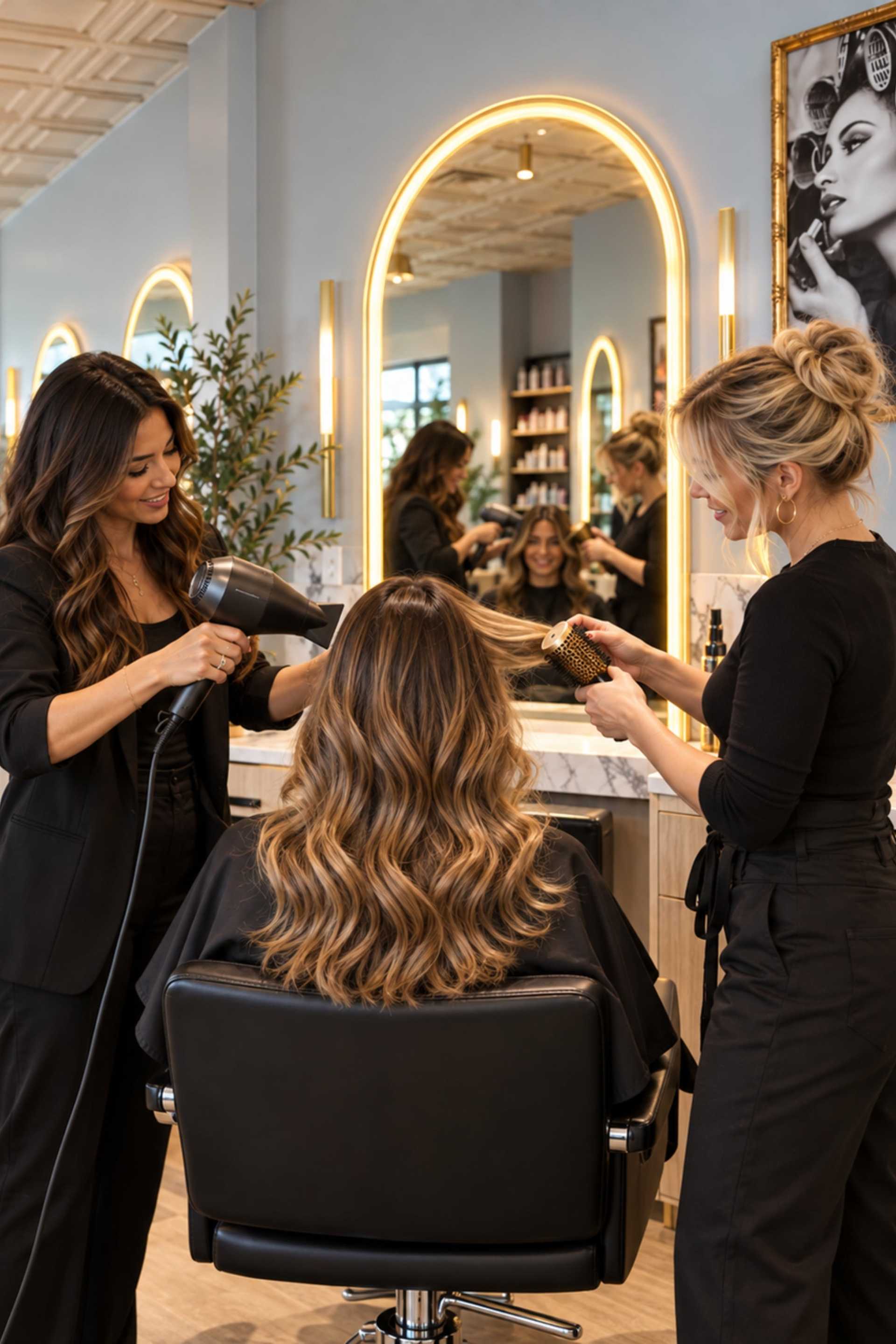 Two hairstylists working on a client in a modern salon with stylish mirrors and decor.